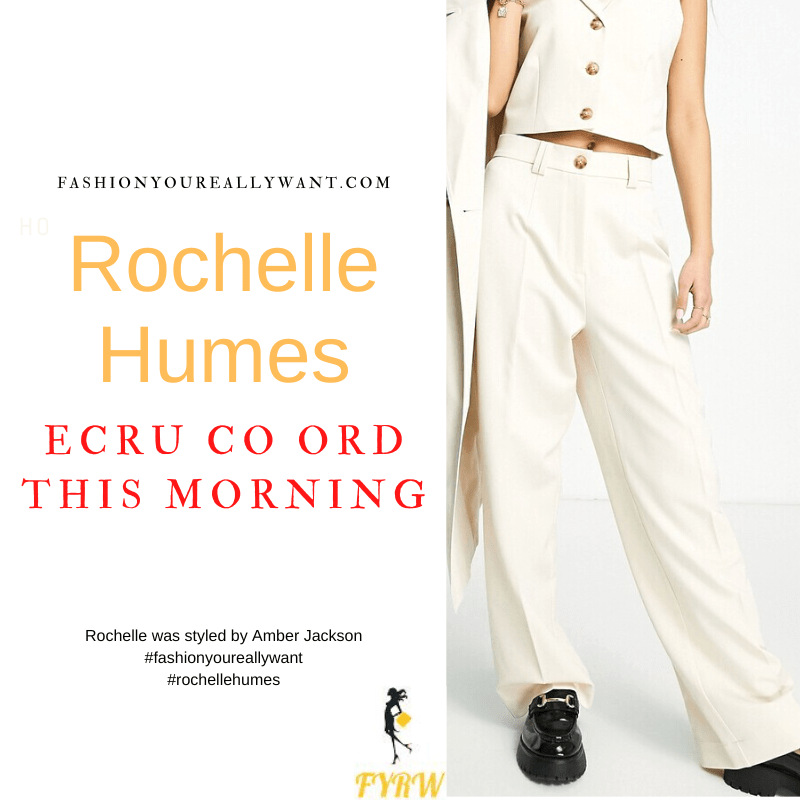 Where to get all Rochelle Humes This Morning outfits blog May 2022 ecru waistcoat and trousers brown strappy mules