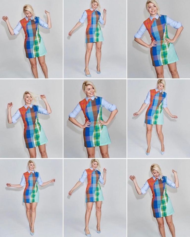 where to get all Holly Willoughby dresses multi check panelled dress blue polka dot court shoes Wylde Moon April 2022 Photo Danielle Whiteman