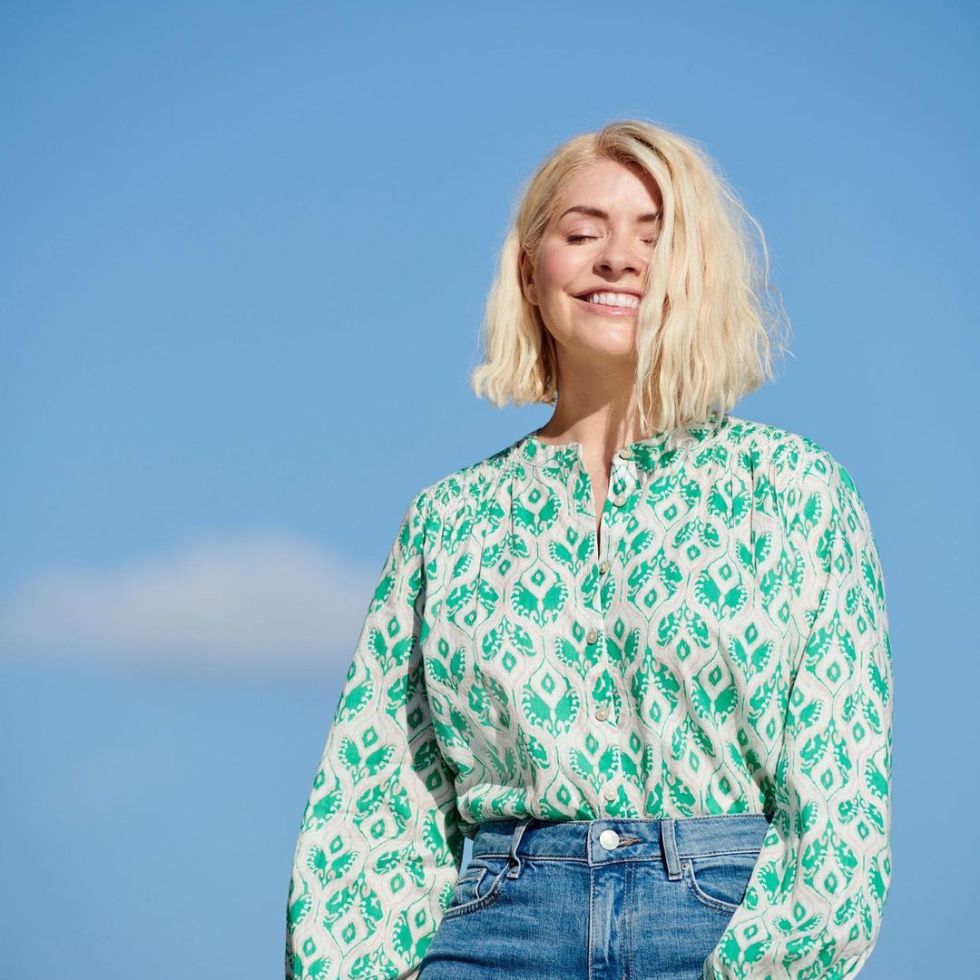 where to get all Holly Willoughby green and white print blouse blue jeans 12 May 2022 Photo Holly Willoughby