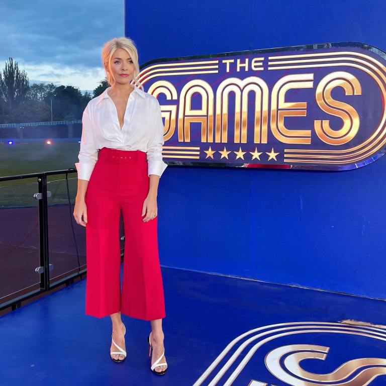 where to get all Holly Willoughby The Games outfits red cropped tousers white satin shirt white sandals 12 May 2022 Photo Holly Willoughby