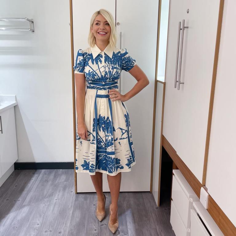 where to get all Holly Willoughby This Morning dresses blue and cream tropical print shirt midi dress nude suede court shoes 5 May 2022 Photo Holly Willoughby