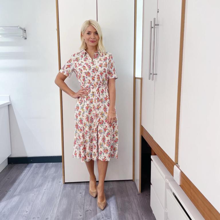 where to get all Holly Willoughby This Morning dresses cream floral shirt midi dress nude suede court shoes 26 May 2022 Photo Holly Willoughby