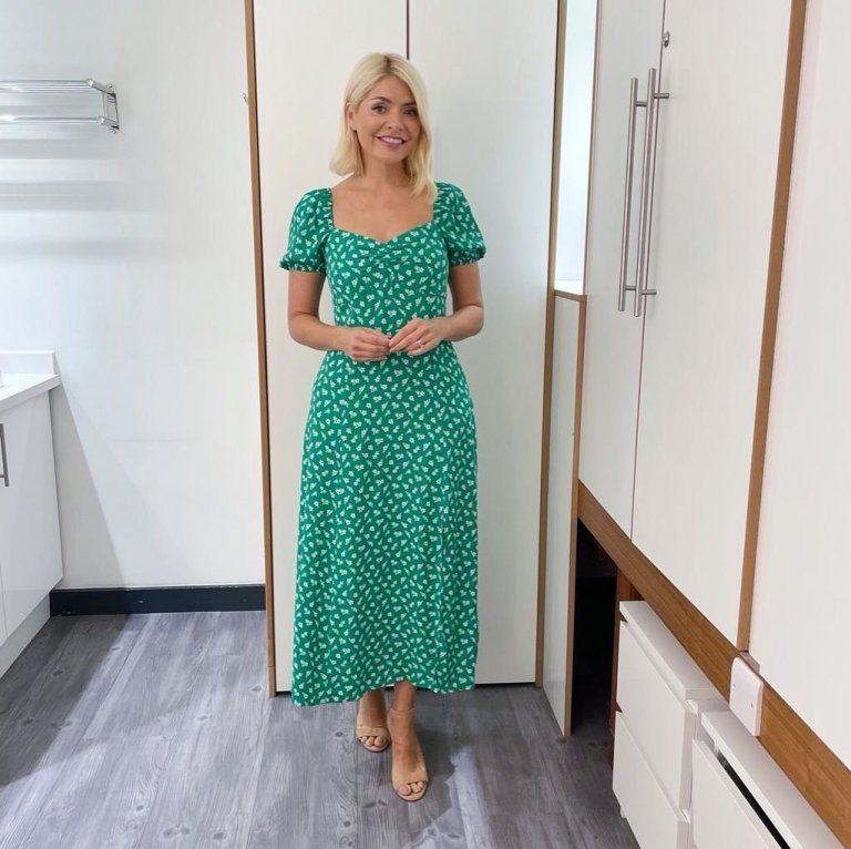where to get all Holly Willoughby This Morning dresses green and white floral puff sleeve midi dress nude suede sandals 19 May 2022 Photo Holly Willoughby