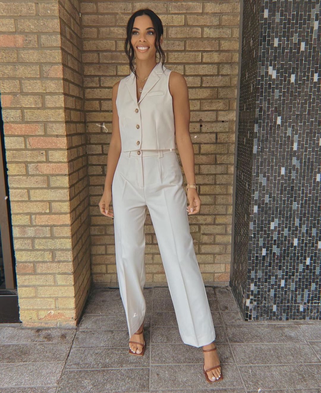 where to get all Rochelle Humes This Morning outfits ecru waistcoat trouser co ord brown mules 10 May 2022 Photo Rochelle Humes