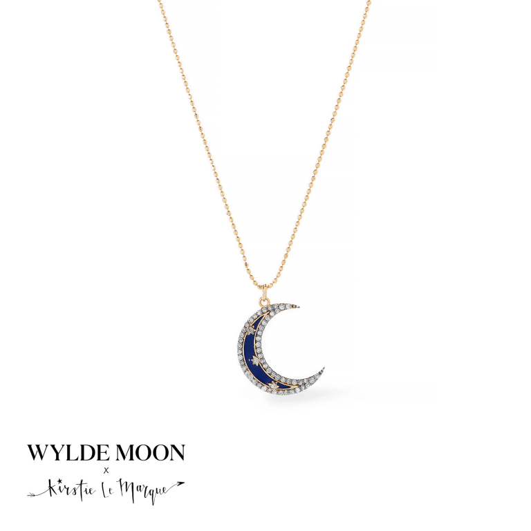 WYLDE MOON Diamond &amp; Blue Enamel Crescent Moon Necklace v3