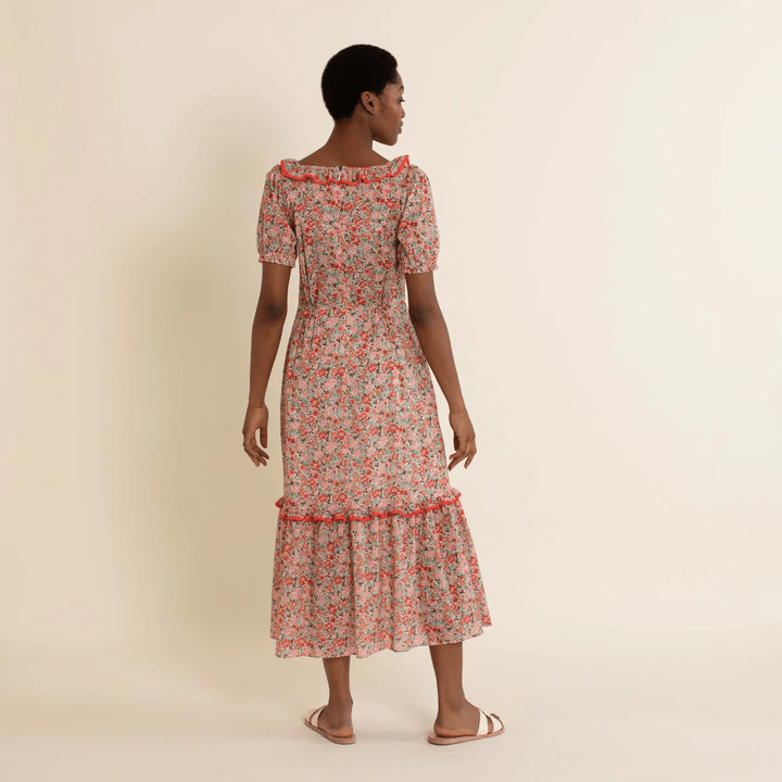 Dotty Daisy Frill Neck Midi Dress back view