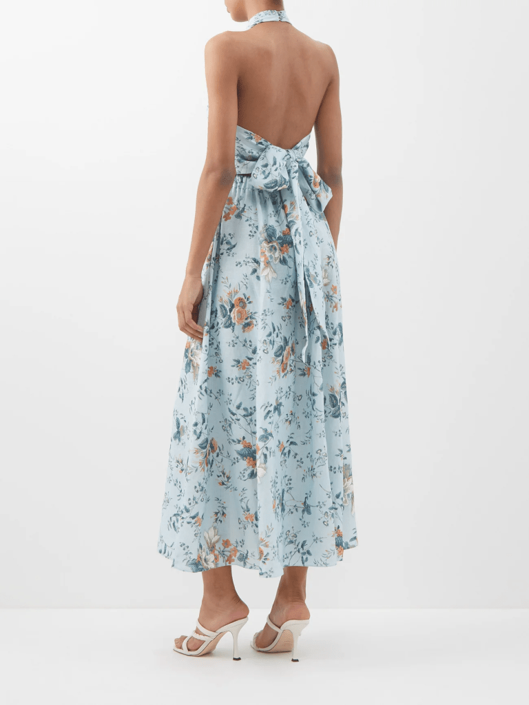 Erdem Vacation Selene floral linen halterneck dress back view