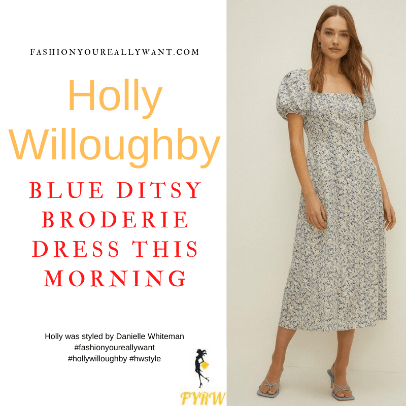 Where to get all Holly Willoughby This Morning outfits dresses blog June 2022 blue ditsy floral broderie anglasie puff sleeve midi dress nude suede sandals