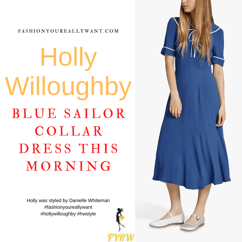 Where to get all Holly Willoughby This Morning outfits dresses blog June 2022 ble and white sailor collar midi dress nude suede sandals