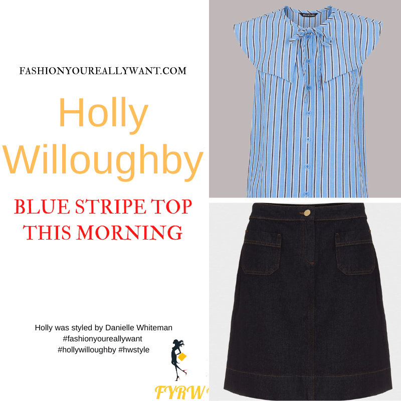 Where to get all Holly Willoughby This Morning outfits dresses blog June 2022 blue stripe collar sleeveless top denim mini skirt blue suede sandals