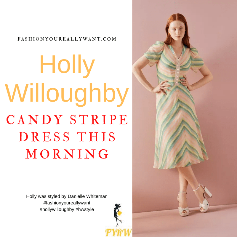 Where to get all Holly Willoughby This Morning outfits dresses blog June 2022 green pink striped button front midi dress nude suede sandals