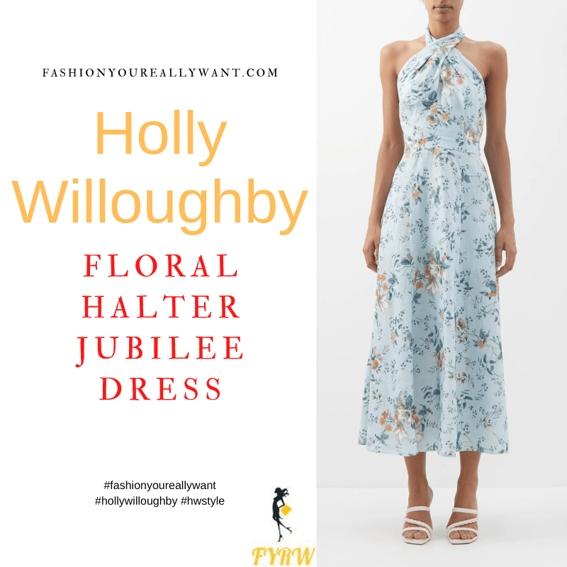 Where to get all Holly Willoughby Platinum Jubilee outfits dresses blog June 2022 blue floral halterneck dress moonstone drop earrings