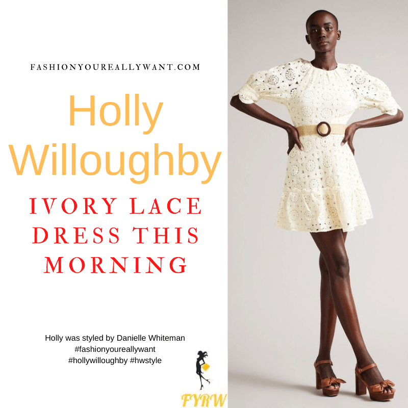 Where to get all Holly Willoughby This Morning outfits dresses blog June 2022 white ivory lace cut out mini dres with belts nude suede sandals