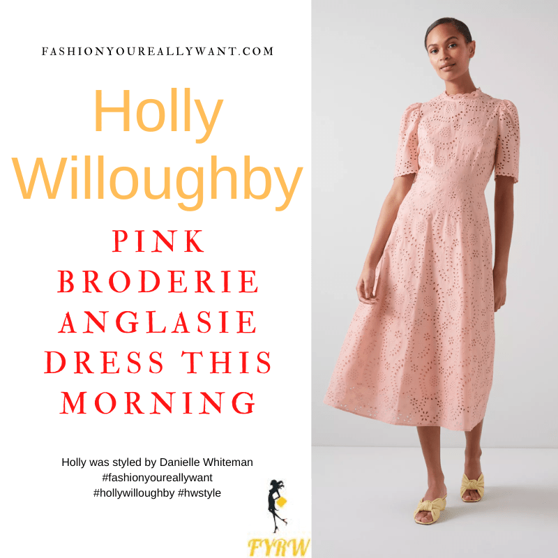 Where to get all Holly Willoughby This Morning outfits dresses blog June 2022 pink broderie anglaise short sleeve midi dress nude suede sandals