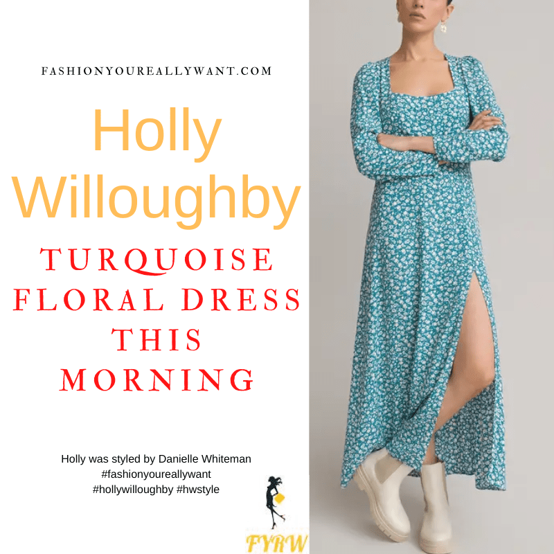 Where to get all Holly Willoughby This Morning outfits dresses blog June 2022 blue turquiose floral square neck long sleeve midaxi dress nude suede sandals.