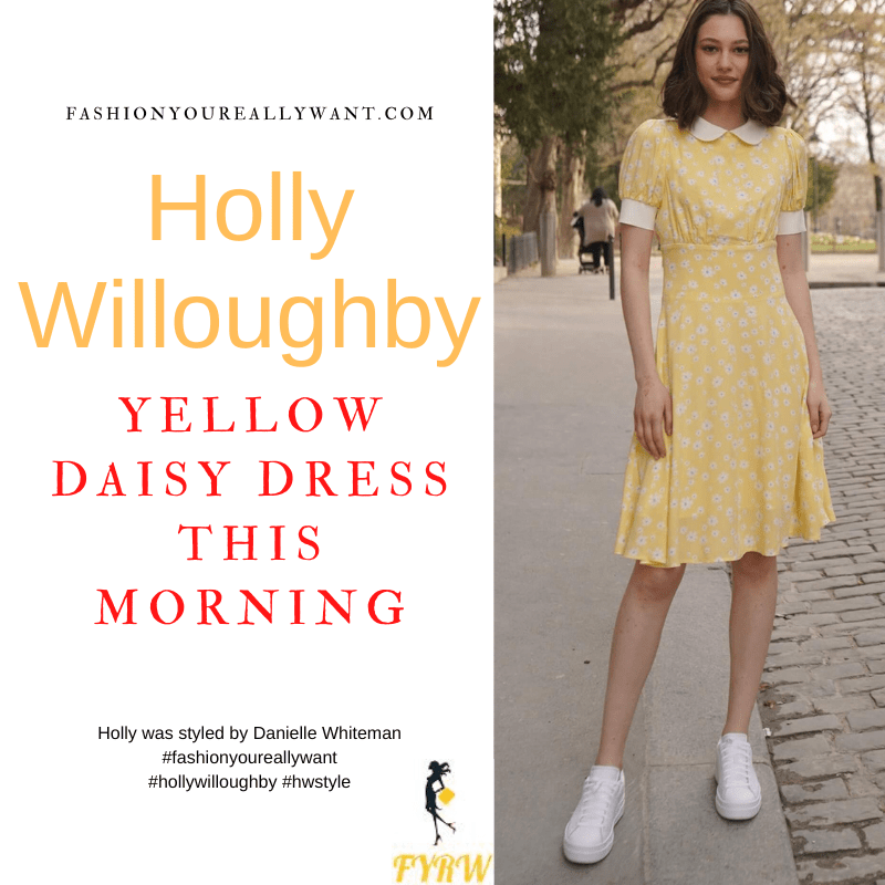 Where to get all Holly Willoughby This Morning outfits dresses blog June 2022 yellow daisy dress white collar nude suede court shoes
