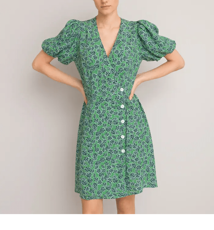 La Redoute Floral Buttoned Wrapover Dress with Short Puff Sleeves