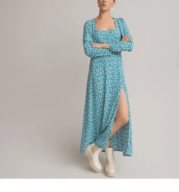 La Redoute Floral Print Midaxi Dress with Square Neck and Long Sleeves