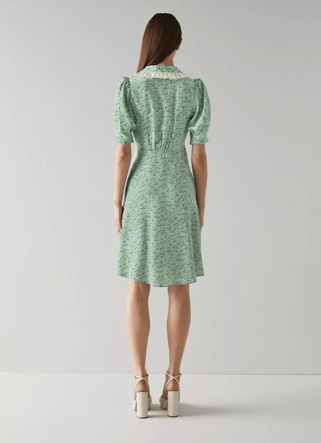 LK Bennett Roisin Daisy Print Frill Collar Silk Dress back view