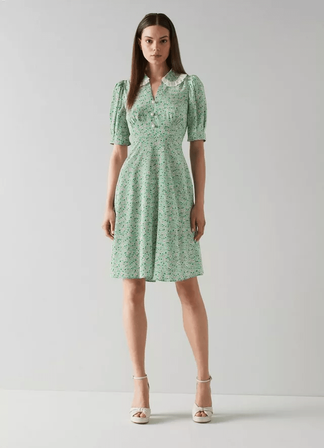 LK Bennett Roisin Daisy Print Frill Collar Silk Dress