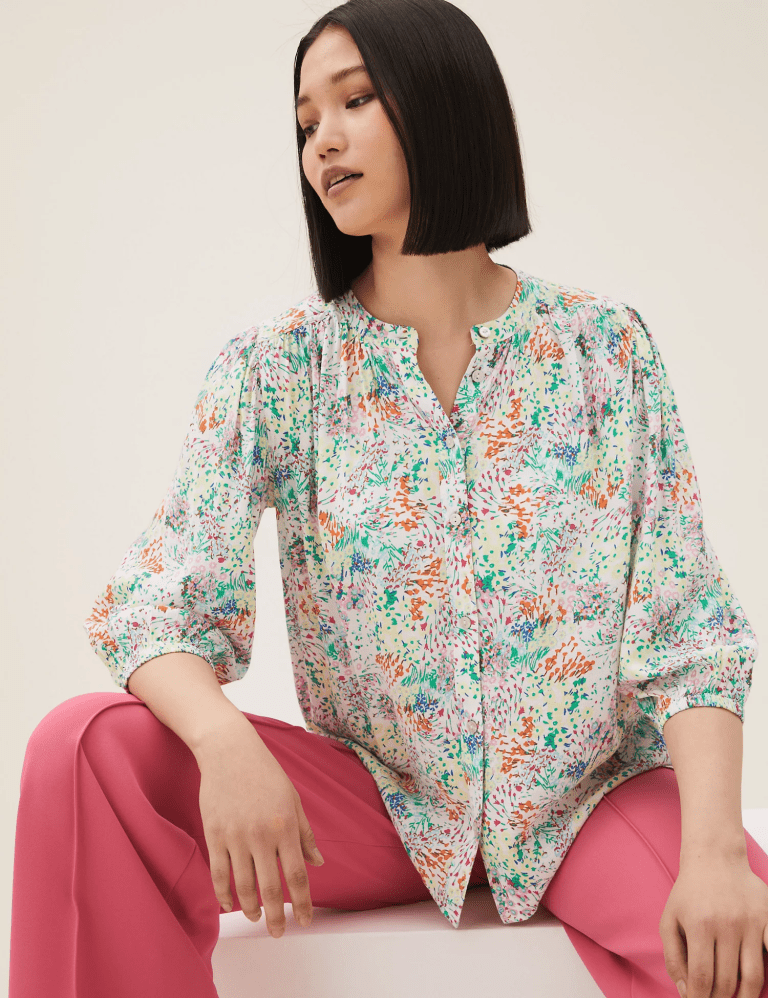 M&amp;S Floral Button Detail 34 Sleeve Blouse