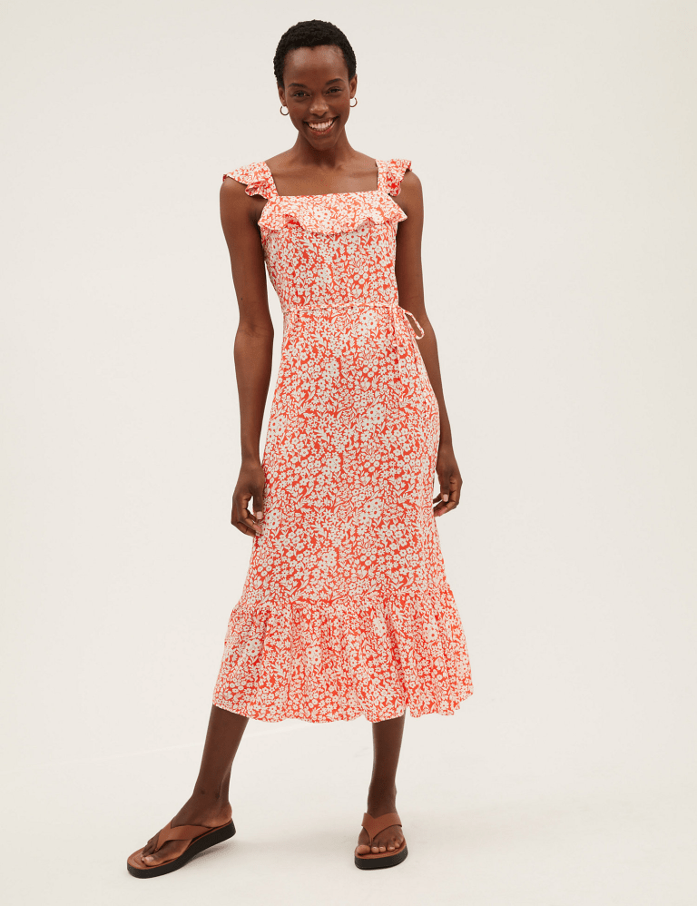 M&amp;S Floral Square Neck Midi Waisted Dress