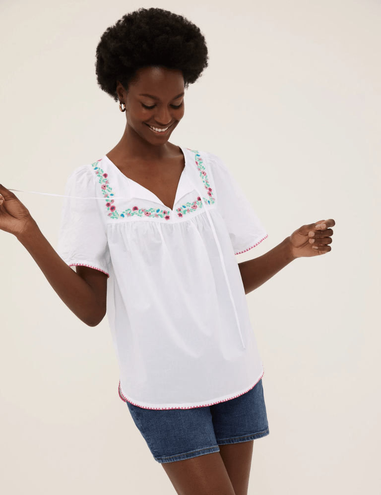 M&amp;S Pure Cotton Embroidered Regular Fit Top