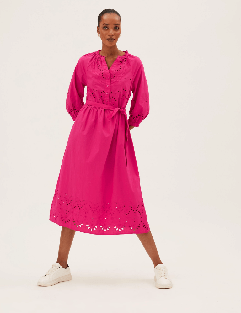 M&amp;S Pure cotton embroidered v-neck midi dress