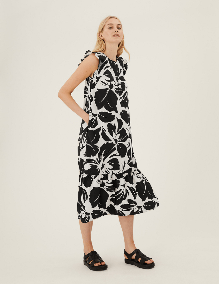 M&amp;S Pure Cotton Floral Midi Smock Dress