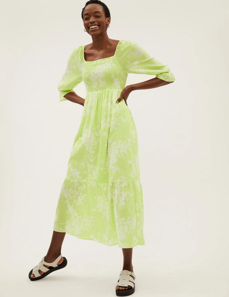 M&amp;S Pure Cotton Floral Square Neck Midaxi Dress