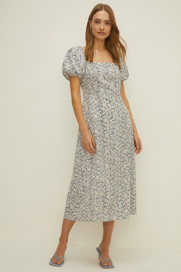 Oasis Ditsy Printed Blue Broderie Midi dress
