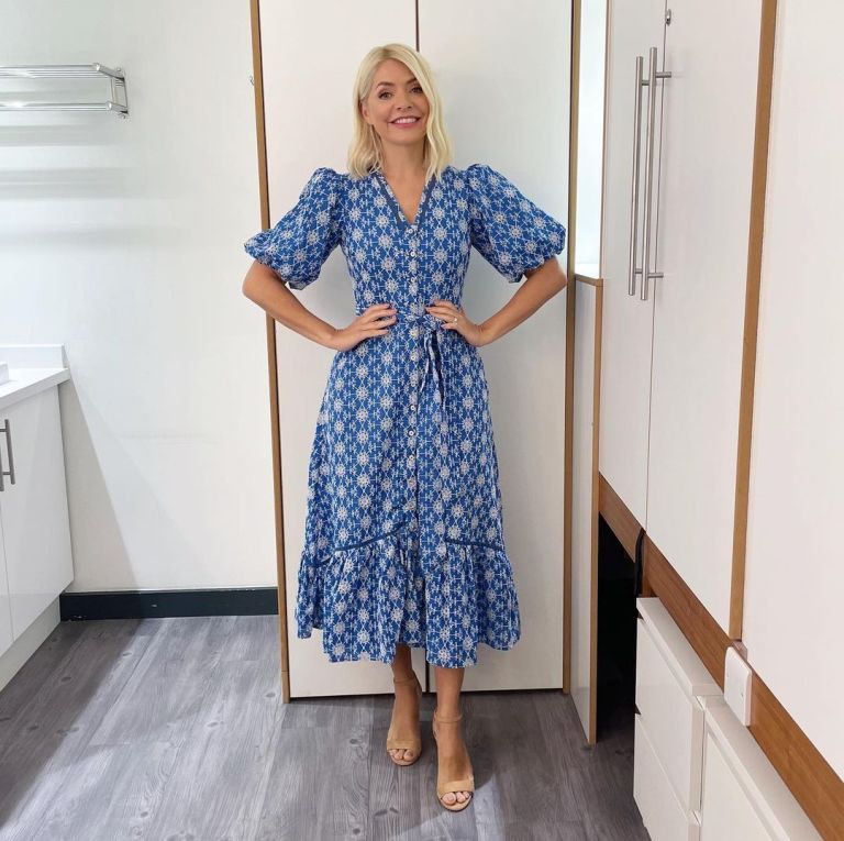 where to get all Holly Willoughby This Morning dresses blue and white broderie anglaise midi dress nude suede sandals 27 June 2022 Photo Holly Willoughby