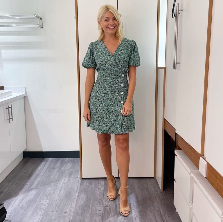 where to get all Holly Willoughby This Morning dresses green and blue side button mini dress nude suede sandals 28 June 2022 Photo Holly Willoughby