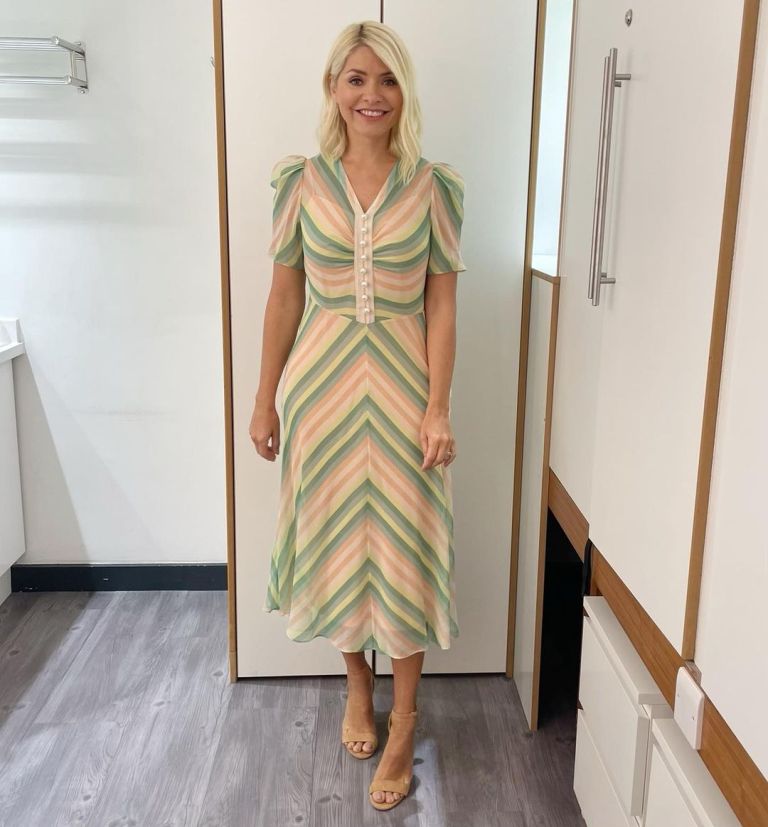 where to get all Holly Willoughby This Morning dresses green pink stripe button front midi dress nude suede sandals 22 June 2022 Photo Holly Willoughby