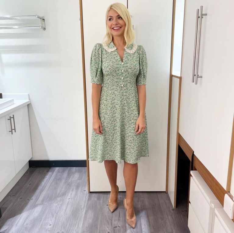 where to get all Holly Willoughby This Morning dresses mint green daisy floral frill collar midi dress nude suede court shoes 30 June 2022 Photo Holly Willoughby