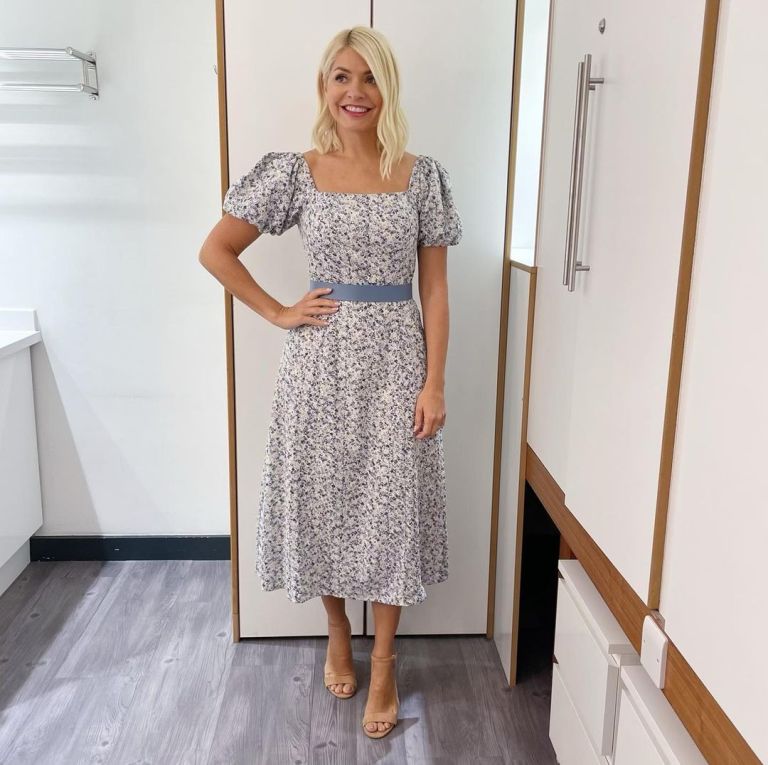 where to get all Holly Willoughby This Morning dresses square neck floral blue broderie anglaise midi dress nude suede sandals 20 June 2022 Photo Holly Willoughby