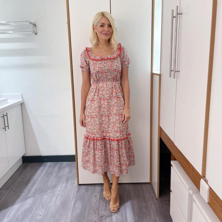 where to get all Holly Willoughby This Morning dresses square neck floral ruffle midi dress nude suede sandals 15 June 2022 Photo Holly Willoughby