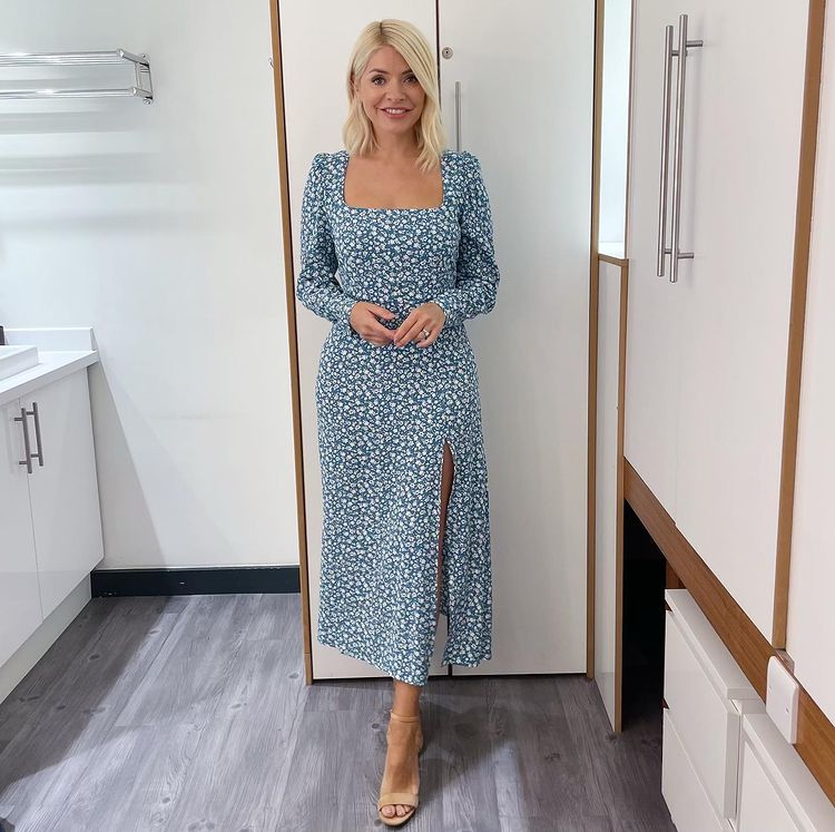 where to get all Holly Willoughby This Morning dresses square neck floral turquoise long sleeve midi dress nude suede sandals 16 June 2022 Photo Holly Willoughby