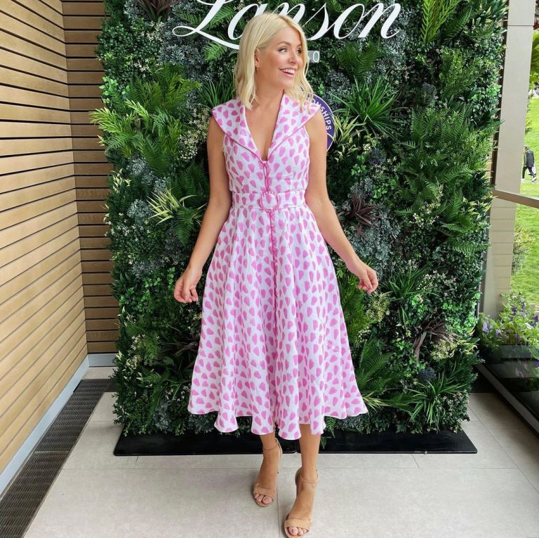 where to get all Holly Willoughby Wimbledon dresses white and pink heart strawberry midi dress nude suede sandals 27 June 2022 Photo Holly Willoughby