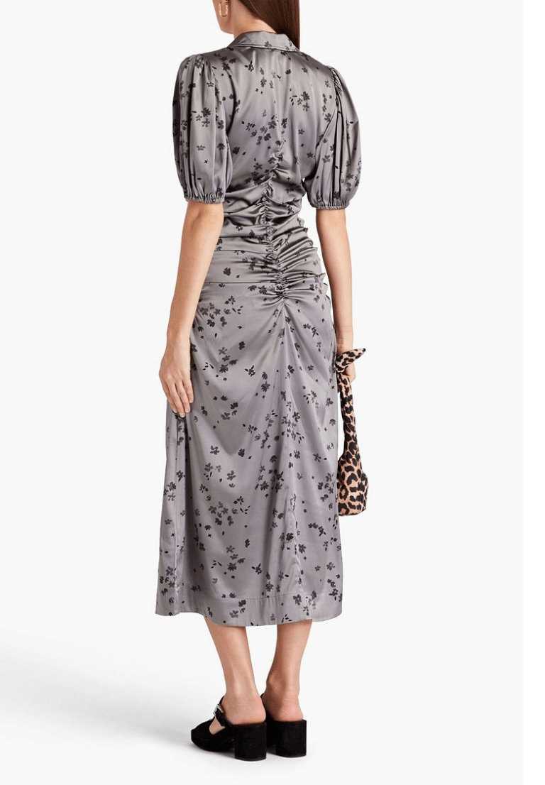 GANNI Ruched floral-print silk-blend satin midi dress back view