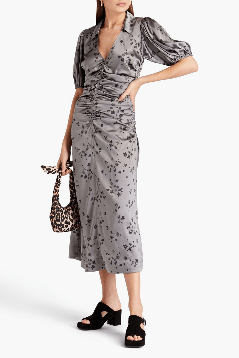 GANNI Ruched floral-print silk-blend satin midi dress