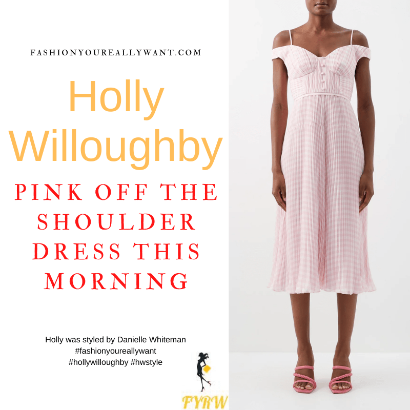Where to get all Holly Willoughby This Morning outfits dresses blog July 2022 pink gingham pleated off the shoulder midi dress nude suede sandals