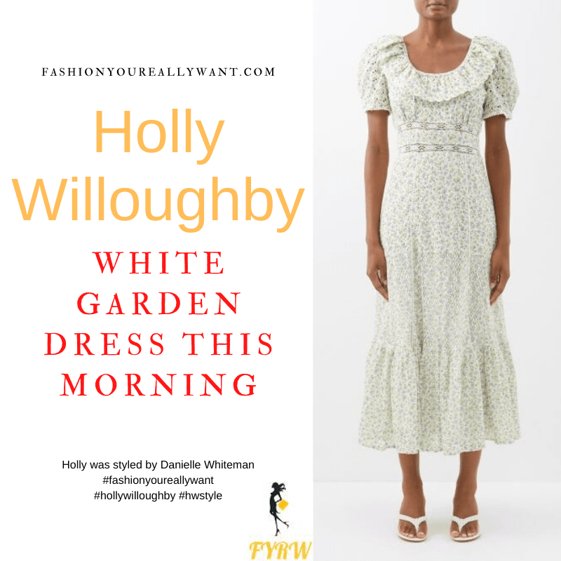 Where to get all Holly Willoughby This Morning outfits dresses blog July 2022 white floral maxi dress frill neck short sleeve lace insert nude suede sandals