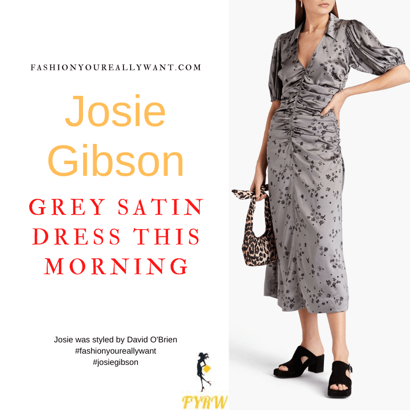 Where to get all Josie Gibson This Morning outfits dresses blog July 2022 grey printed sation puff sleeve ruched midi dress