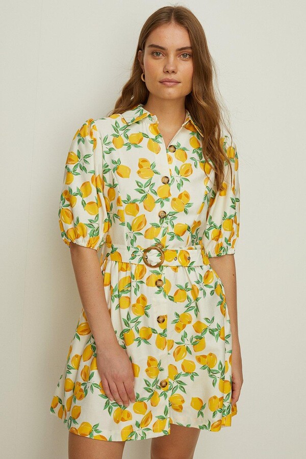 Oasis Lemon Printed Linen Look Belted Skater Dress