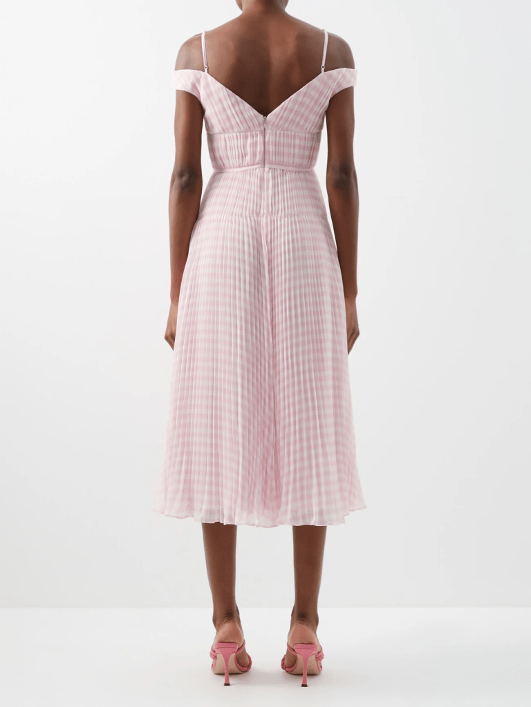 Self Portrait Gingham off the shoulder chiffon midi dress