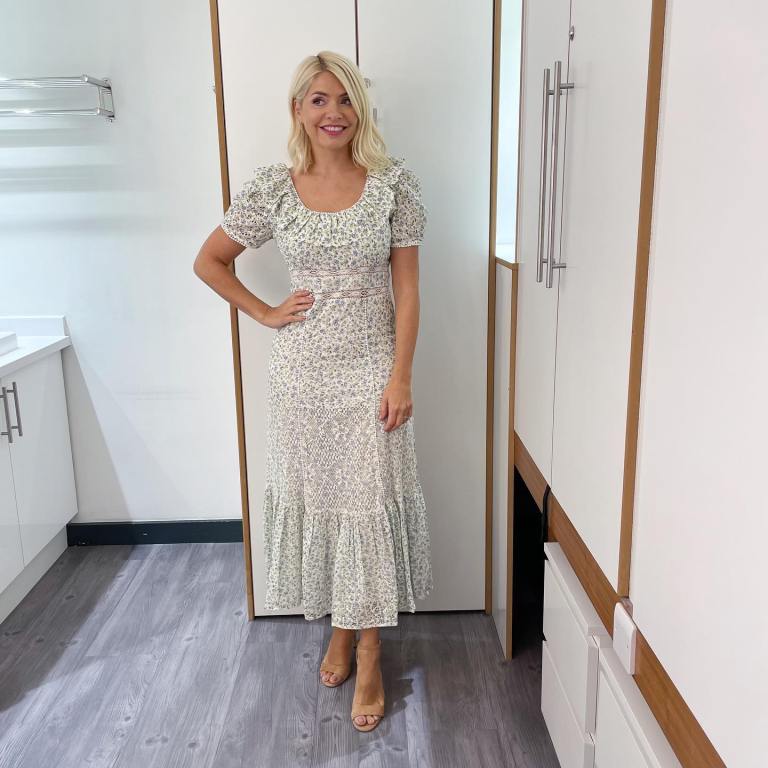 where to get all Holly Willoughby This Morning dresses white floral frill neck short sleeve maxi dress nude suede sandals 6 July 2022 Photo Holly Willoughby