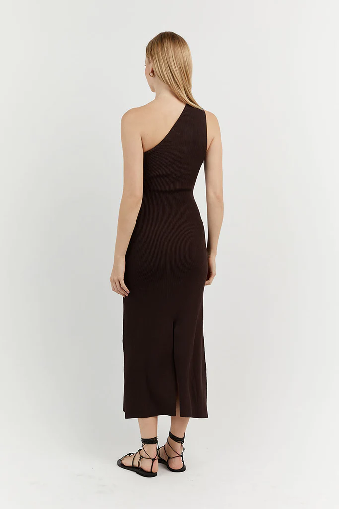 DISSH Mossman Bitter Choc One Shoulder Dress back view