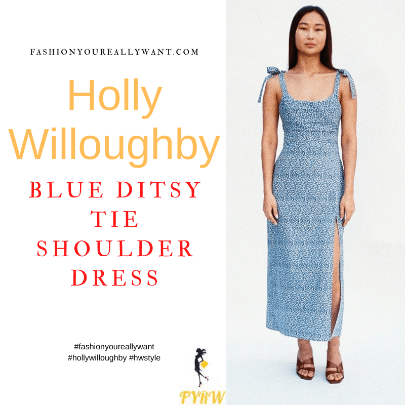 Where to get all Holly Willoughby outfits dresses blog July 2022 blue and white ditsy floral tie shoulder dress orange brown sunglasses