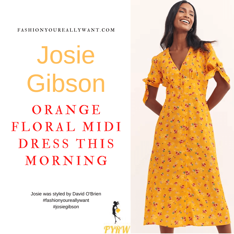 Where to get all Josie Gibson This Morning outfits dresses blog August 2022 yellow orange floral ditsy v neck midi dress